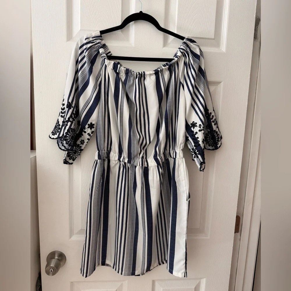 NWT Style House Romper Striped Off-Shoulder Dress with Embroidered Sleeves